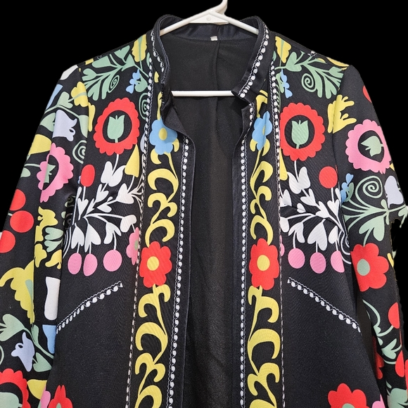 Retro FLORAL Jacket Sz S Vintage 1970s Style Black Yellow Orange Pink Green Blue - Picture 2 of 9